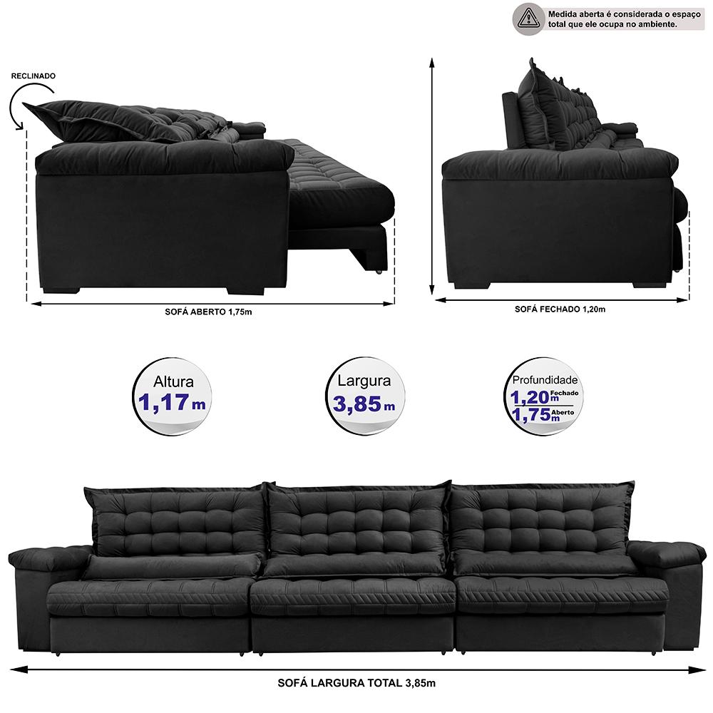 Sofá Retrátil e Reclinável 3,85m Molas Ensacadas Cama inBox Big Space com Bordado 3D Velusoft Preto