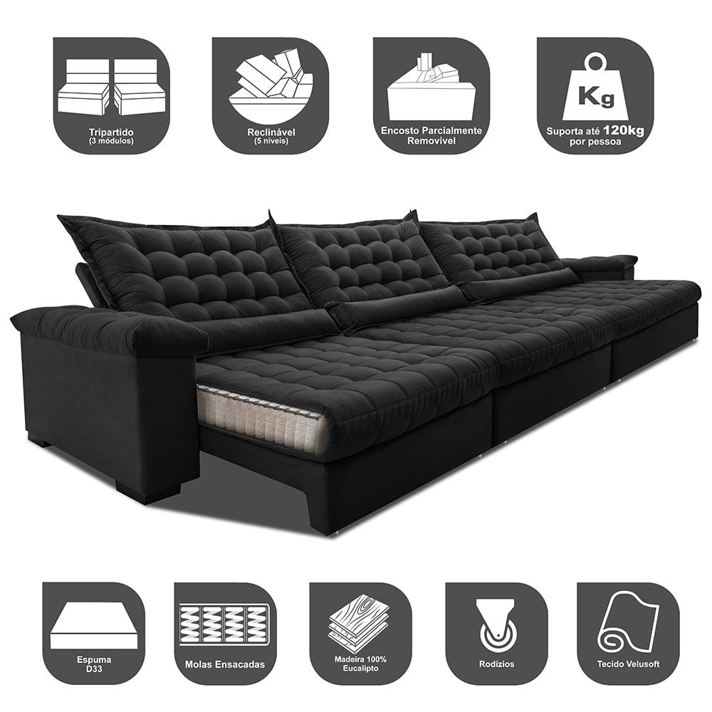 Sofá Retrátil e Reclinável 3,85m Molas Ensacadas Cama inBox Big Space com Bordado 3D Velusoft Preto
