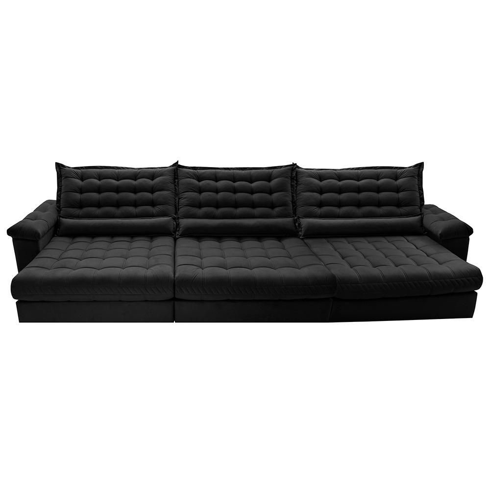 Sofá Retrátil e Reclinável 3,85m Molas Ensacadas Cama inBox Big Space com Bordado 3D Velusoft Preto