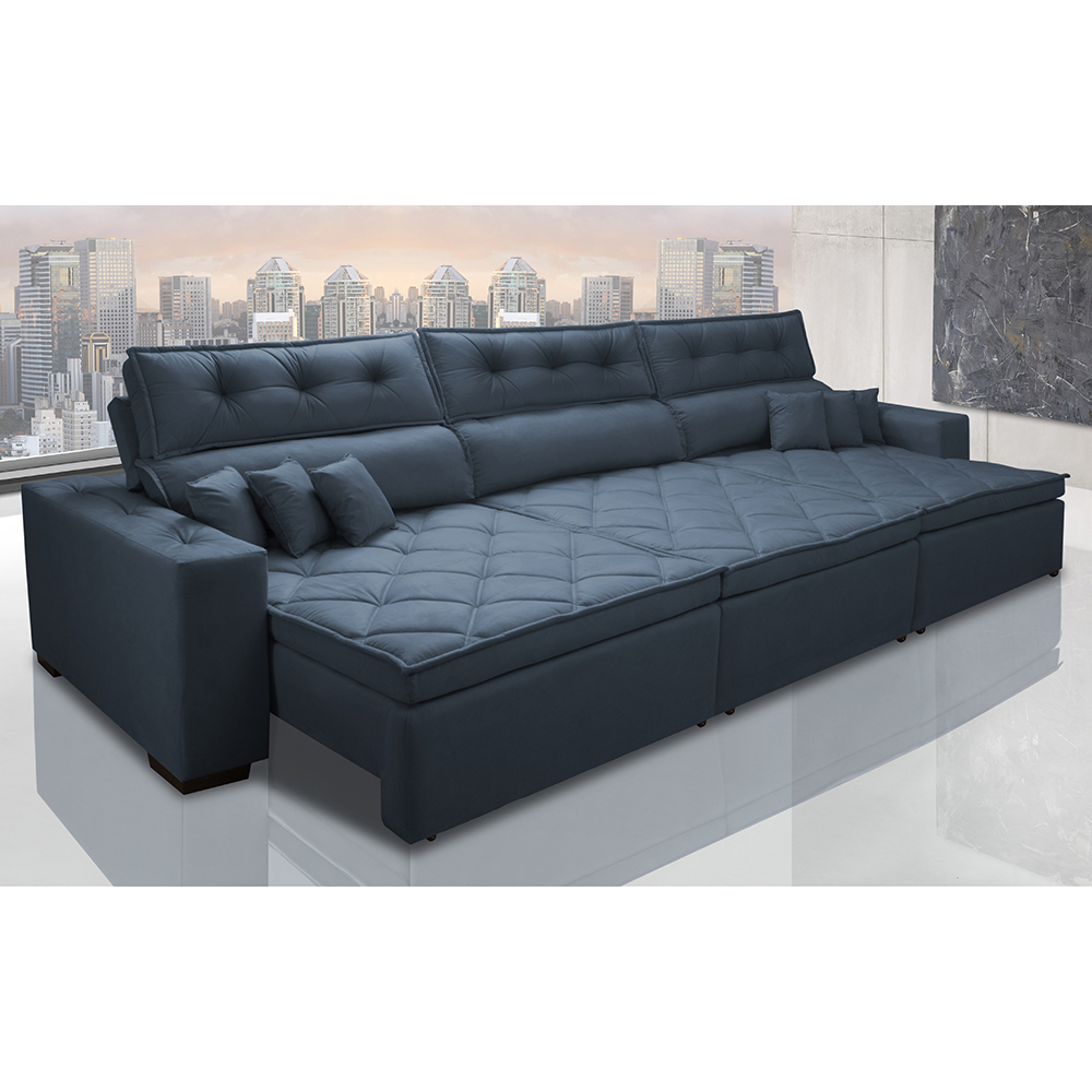 Sofá Retrátil e Reclinável 4,12m Austin com Molas no Assento Tecido Suede Velusoft Azul