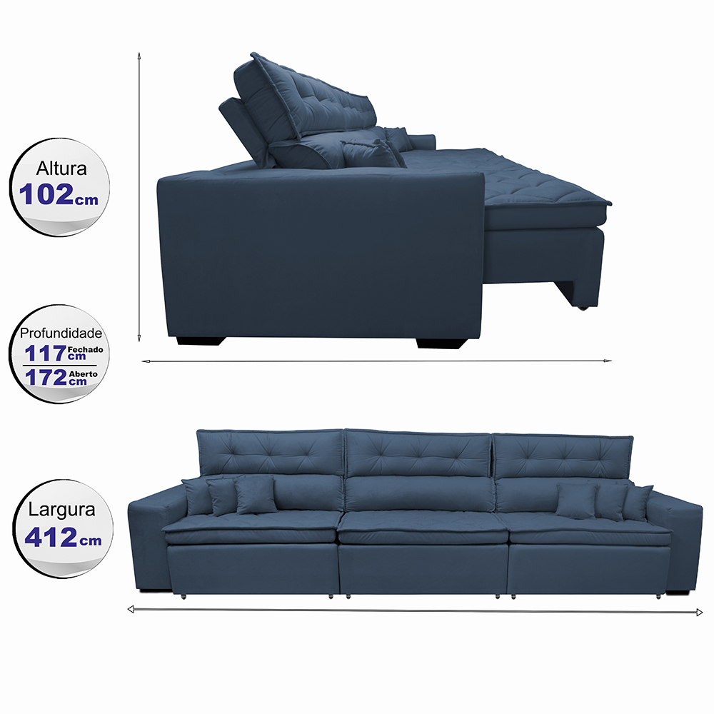 Sofá Retrátil e Reclinável 4,12m Austin com Molas no Assento Tecido Suede Velusoft Azul