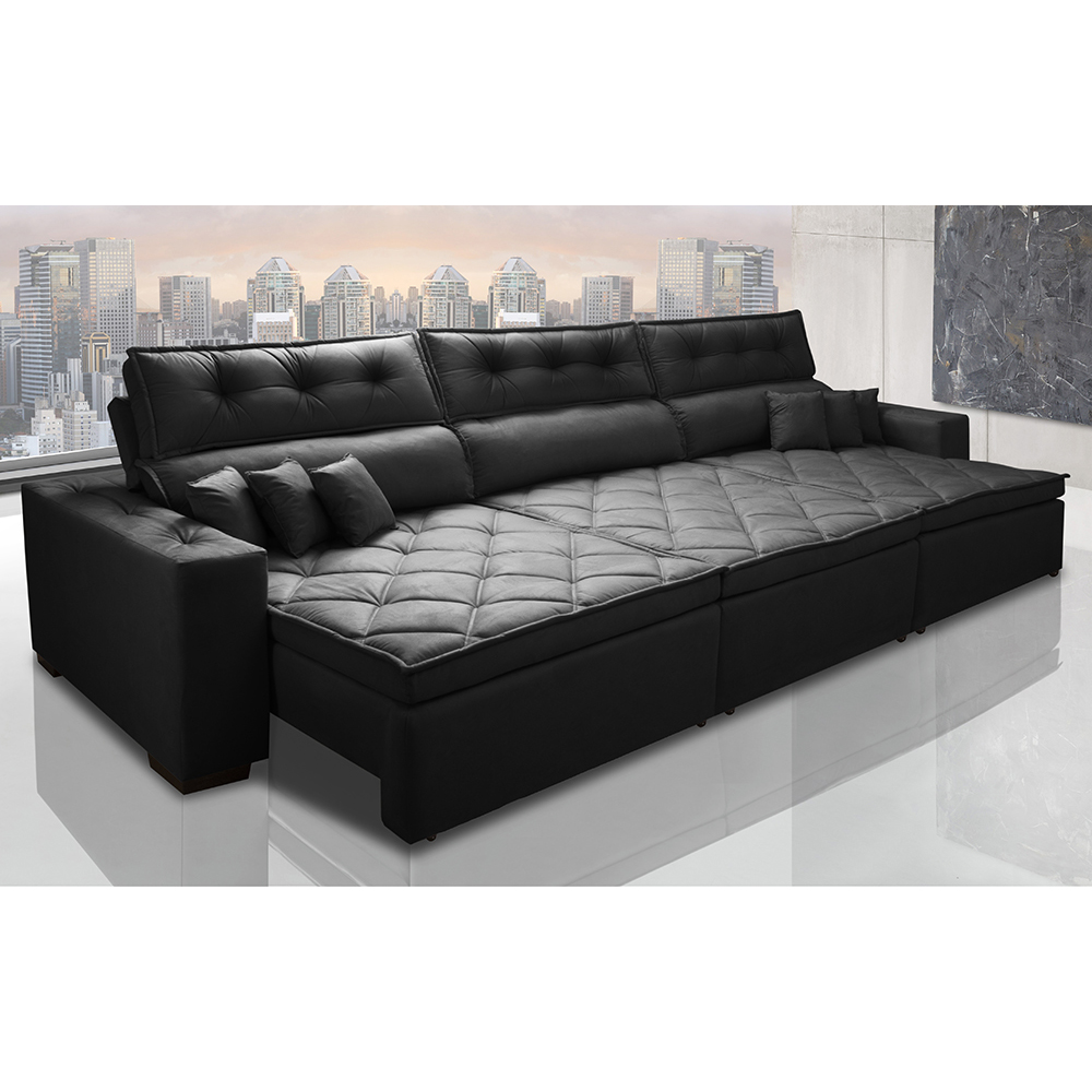 Sofá Retrátil e Reclinável 4,12m Austin com Molas no Assento Tecido Suede Velusoft Preto