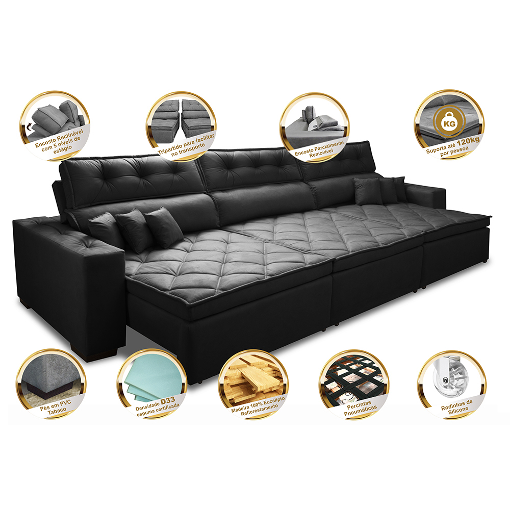 Sofá Retrátil e Reclinável 4,12m Austin com Molas no Assento Tecido Suede Velusoft Preto