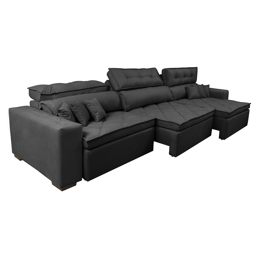 Sofá Retrátil e Reclinável 4,12m Austin com Molas no Assento Tecido Suede Velusoft Preto