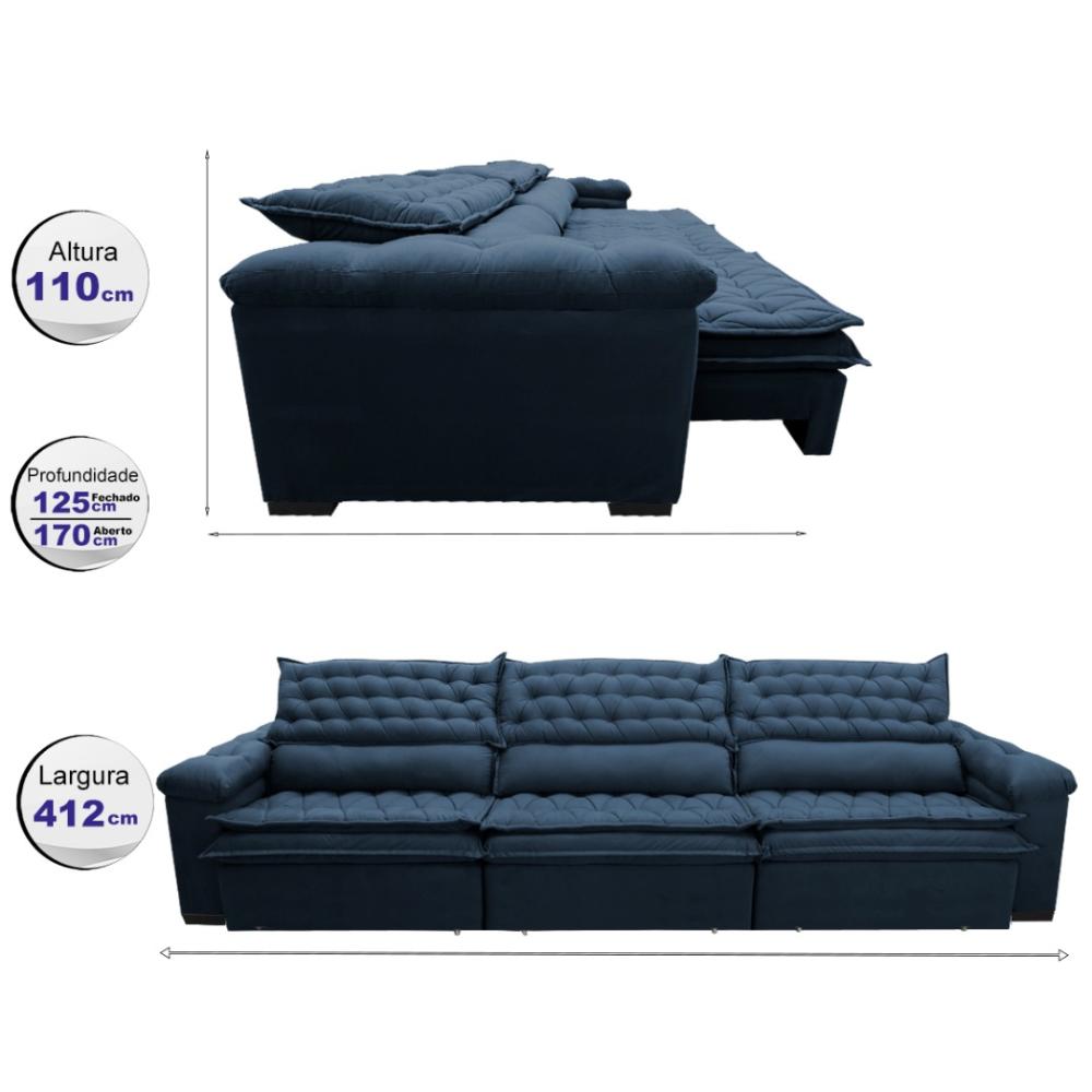 Sofá Retrátil e Reclinável 4,12m Molas Ensacadas Cama inBox Botonê Espuma Viscoelástico Azul