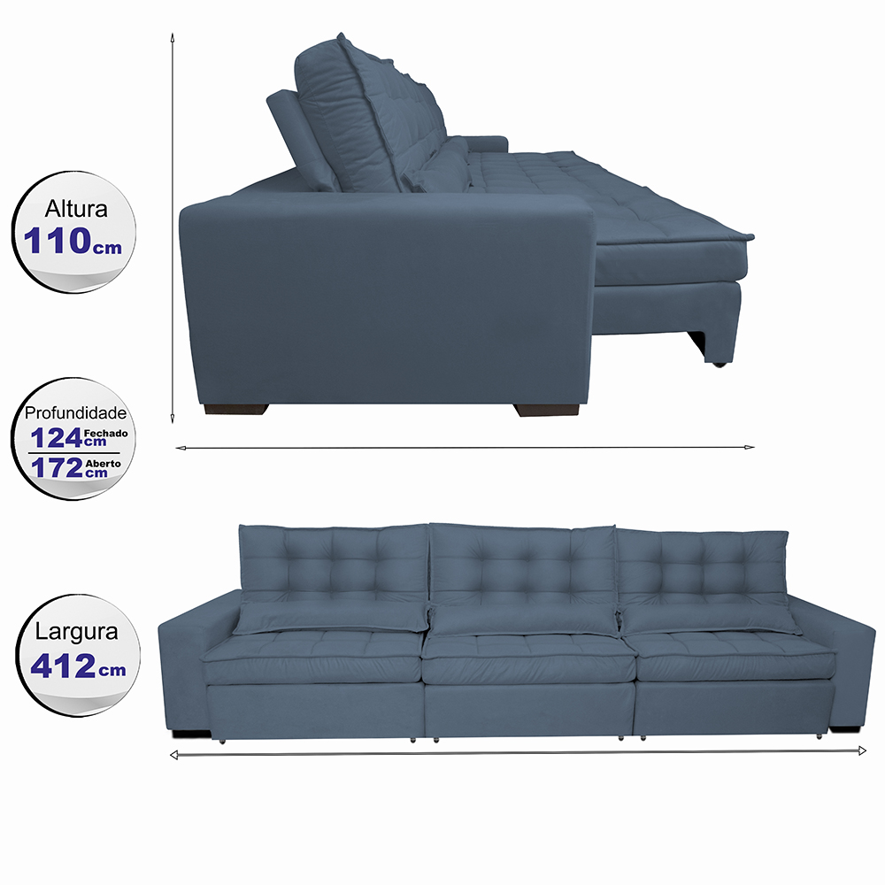 Sofá Retrátil e Reclinável 4,12m com Molas Ensacadas Cama Inbox Gold Tecido Suede Velusoft Azul