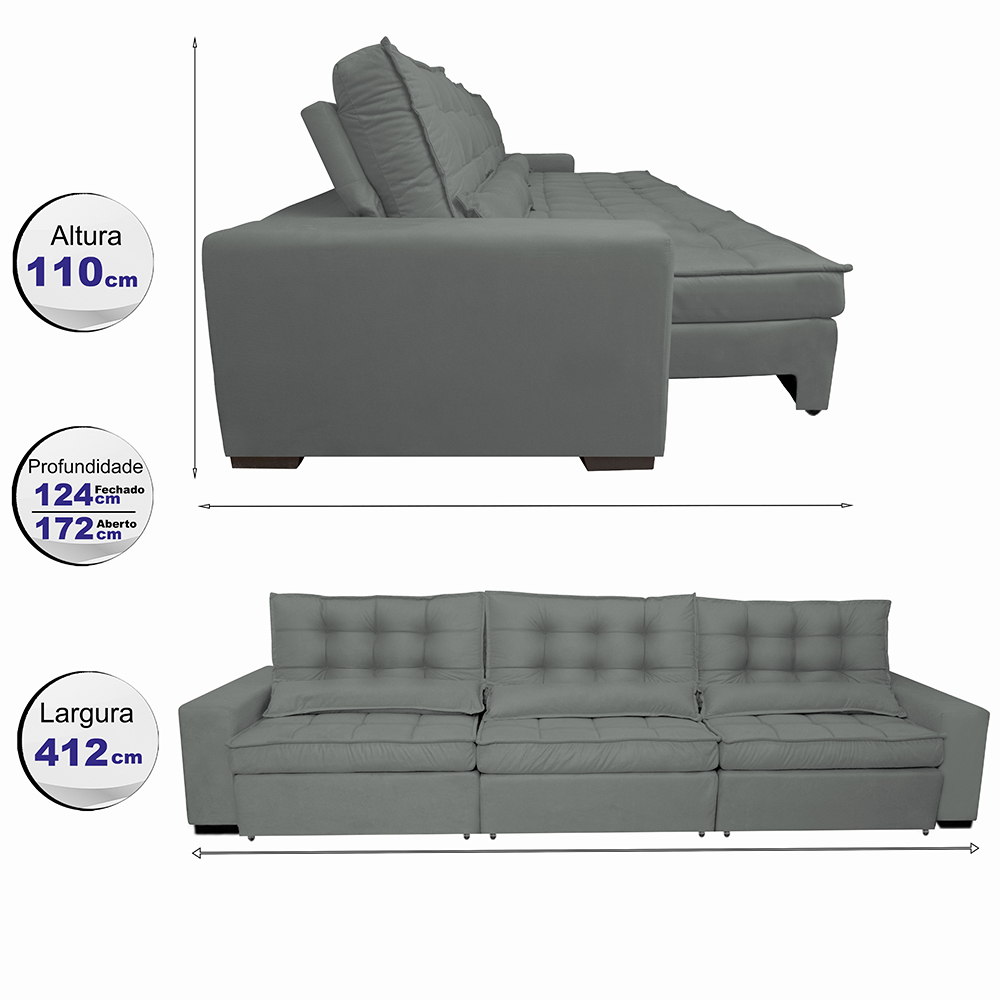 Sofá Retrátil e Reclinável 4,12m com Molas Ensacadas Cama Inbox Gold Tecido Suede Velusoft Cinza