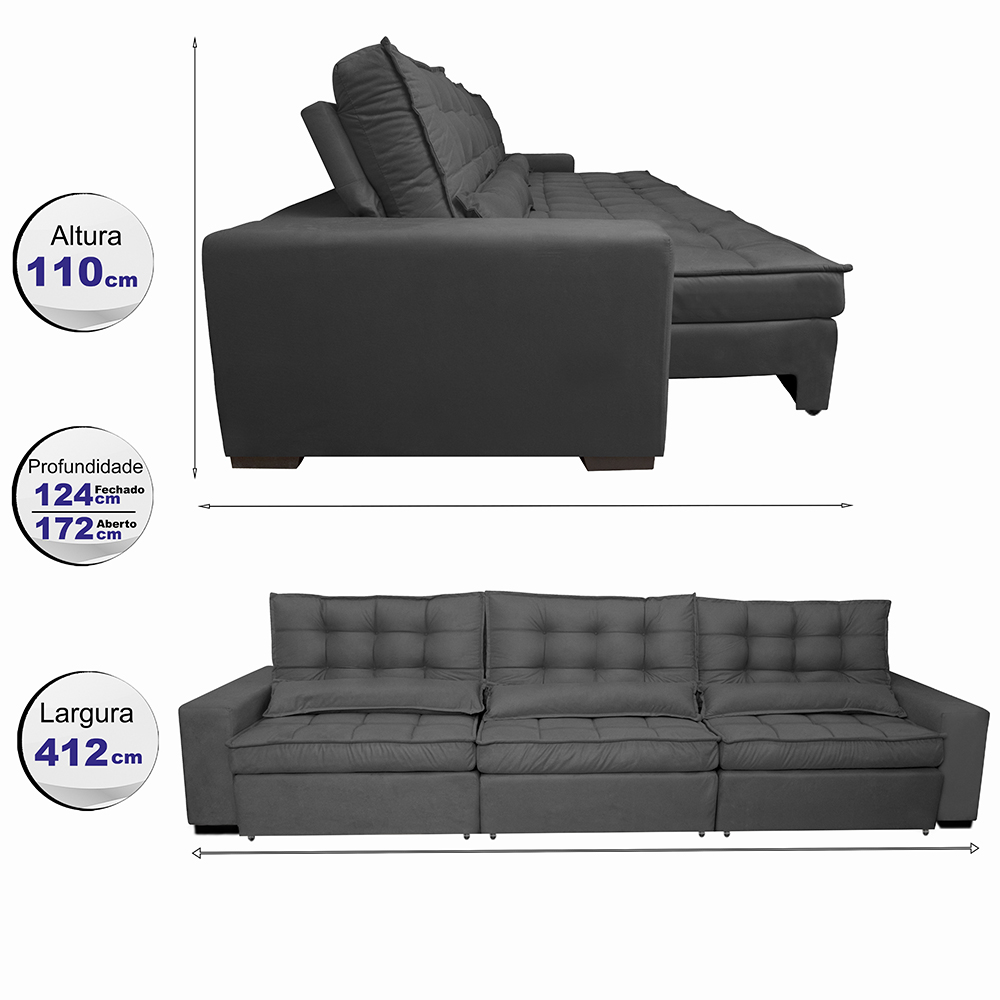 Sofá Retrátil e Reclinável 4,12m com Molas Ensacadas Cama Inbox Gold Tecido Suede Velusoft Preto