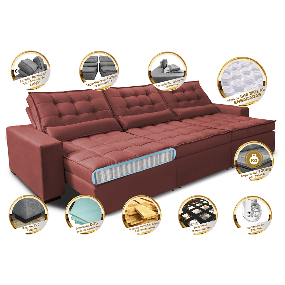 Sofá Retrátil e Reclinável 4,12m com Molas Ensacadas Cama Inbox Gold Tecido Suede Velusoft Vermelho