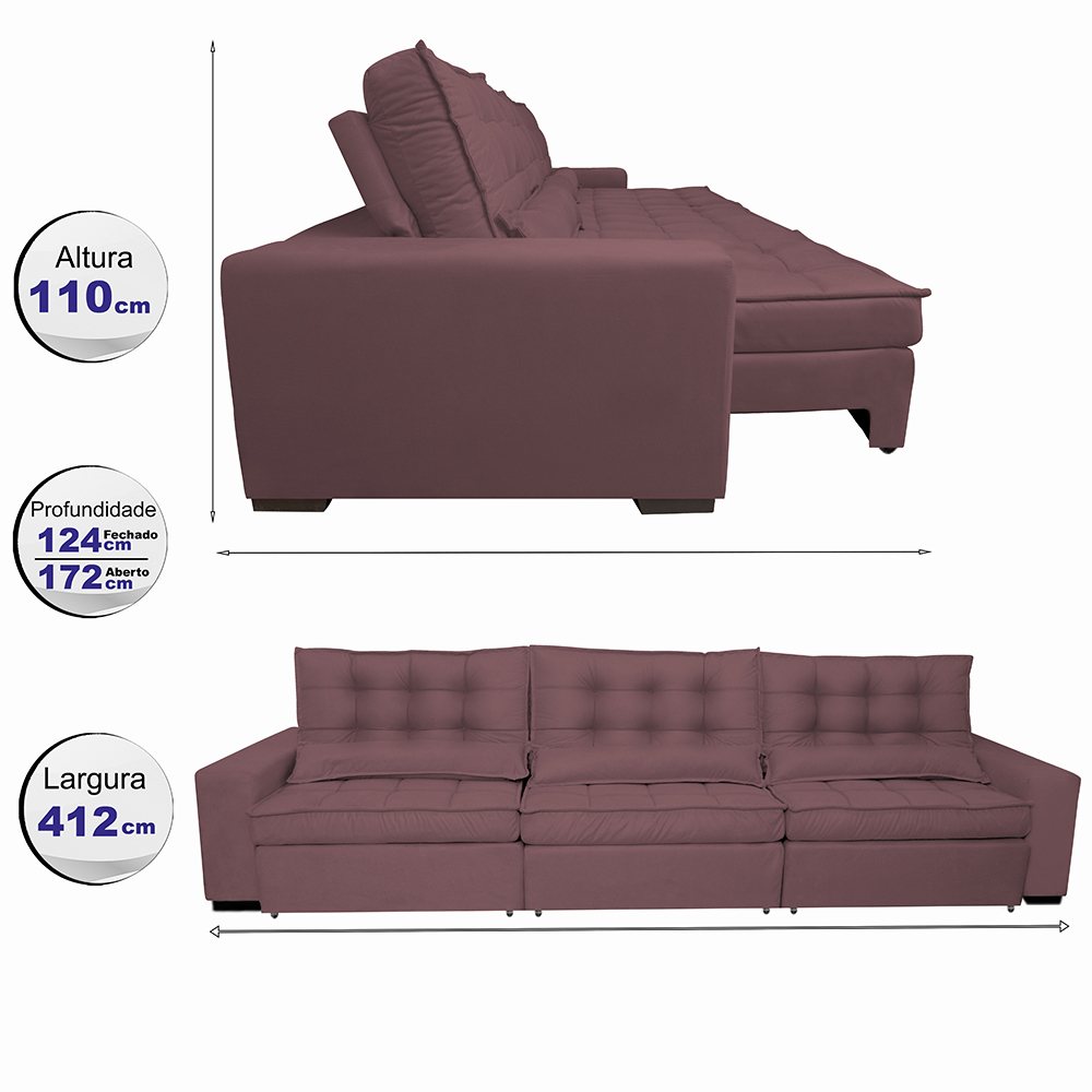 Sofá Retrátil e Reclinável 4,12m com Molas Ensacadas Cama Inbox Gold Tecido Suede Velusoft Vinho