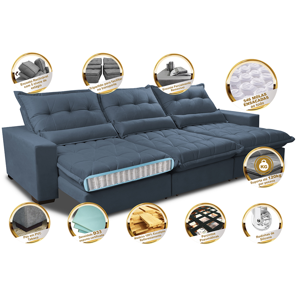 Sofá Retrátil e Reclinável 4,12m com Molas Ensacadas Cama Inbox Soft Tecido Suede Velusoft Azul