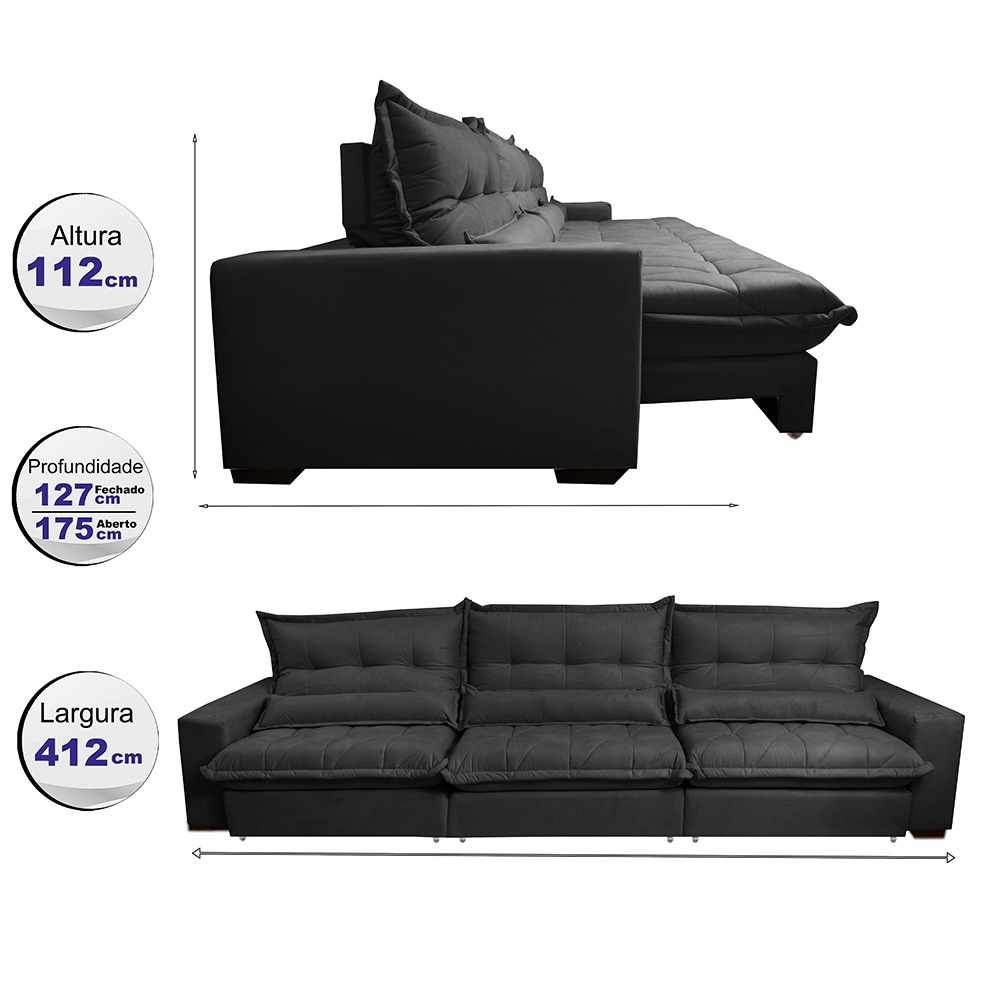 Sofá Retrátil e Reclinável 4,12m com Molas Ensacadas Cama Inbox Soft Tecido Suede Velusoft Preto
