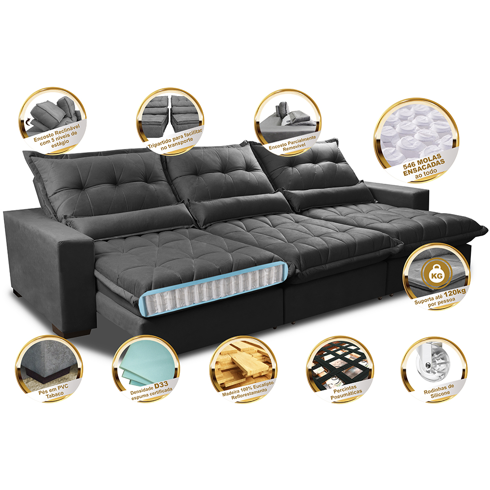 Sofá Retrátil e Reclinável 4,12m com Molas Ensacadas Cama Inbox Soft Tecido Suede Velusoft Preto