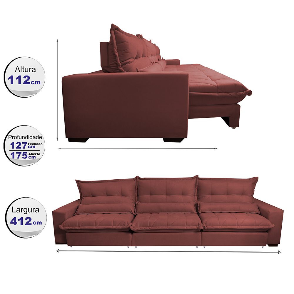 Sofá Retrátil e Reclinável 4,12m com Molas Ensacadas Cama Inbox Soft Tecido Suede Velusoft Vermelho