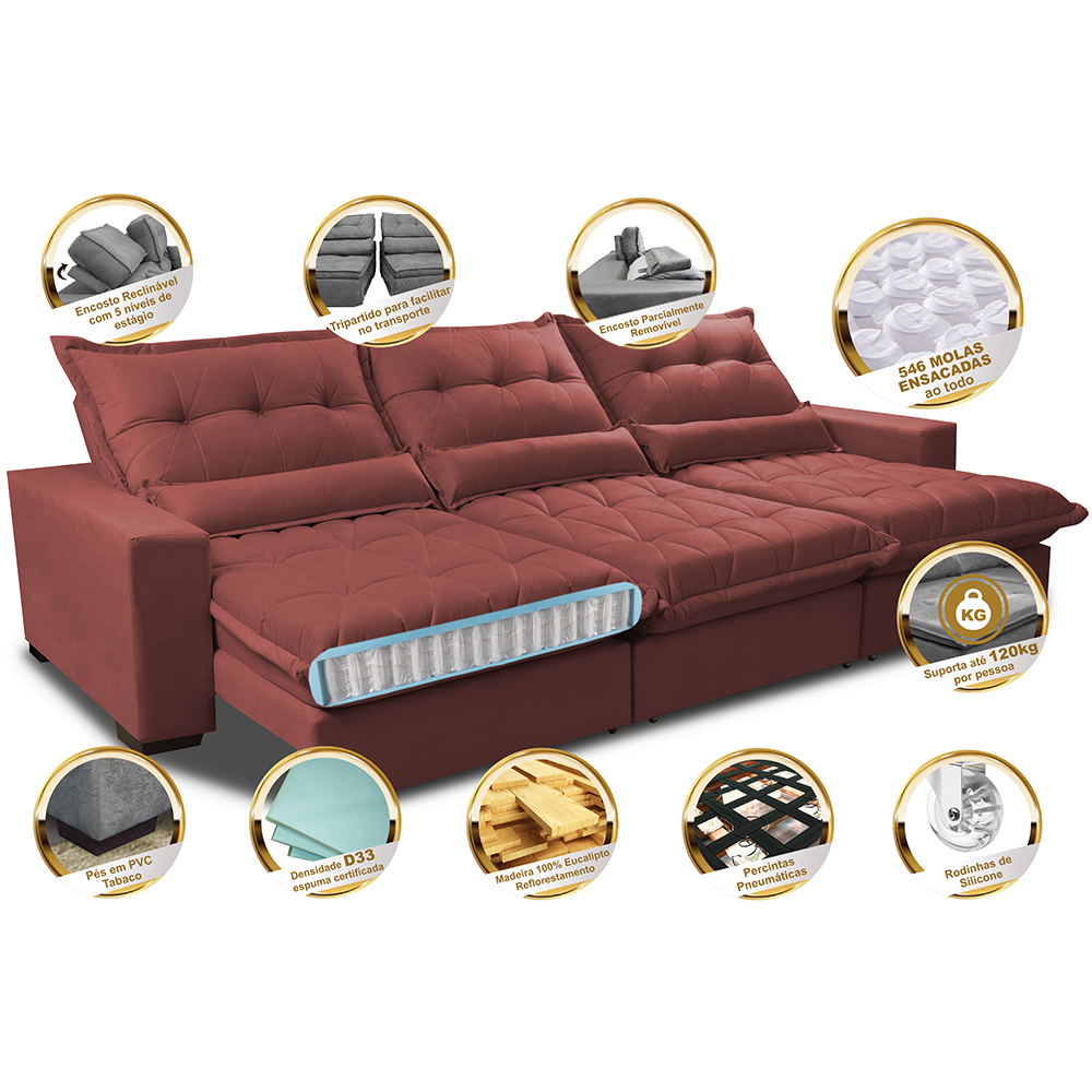 Sofá Retrátil e Reclinável 4,12m com Molas Ensacadas Cama Inbox Soft Tecido Suede Velusoft Vermelho