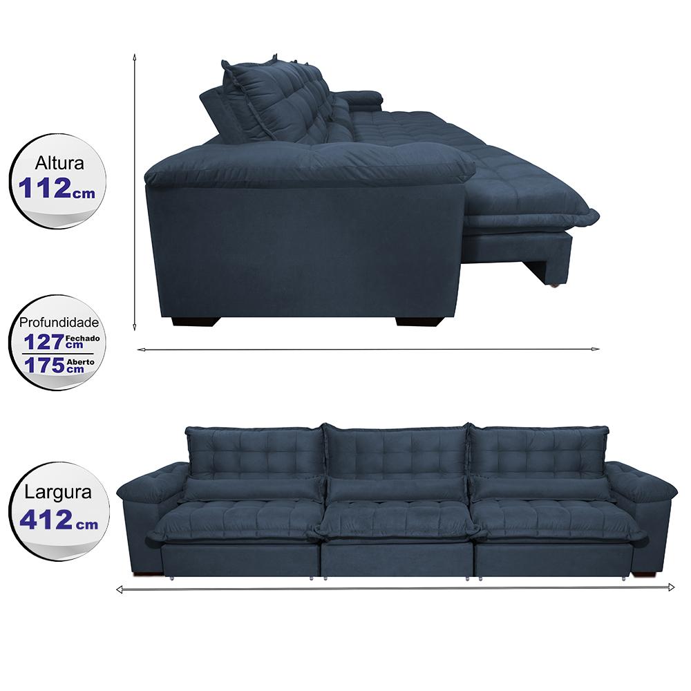 Sofá Retrátil e Reclinável 4,12m com Molas Ensacadas Cama inBox Aconchego Tecido Velusoft Azul