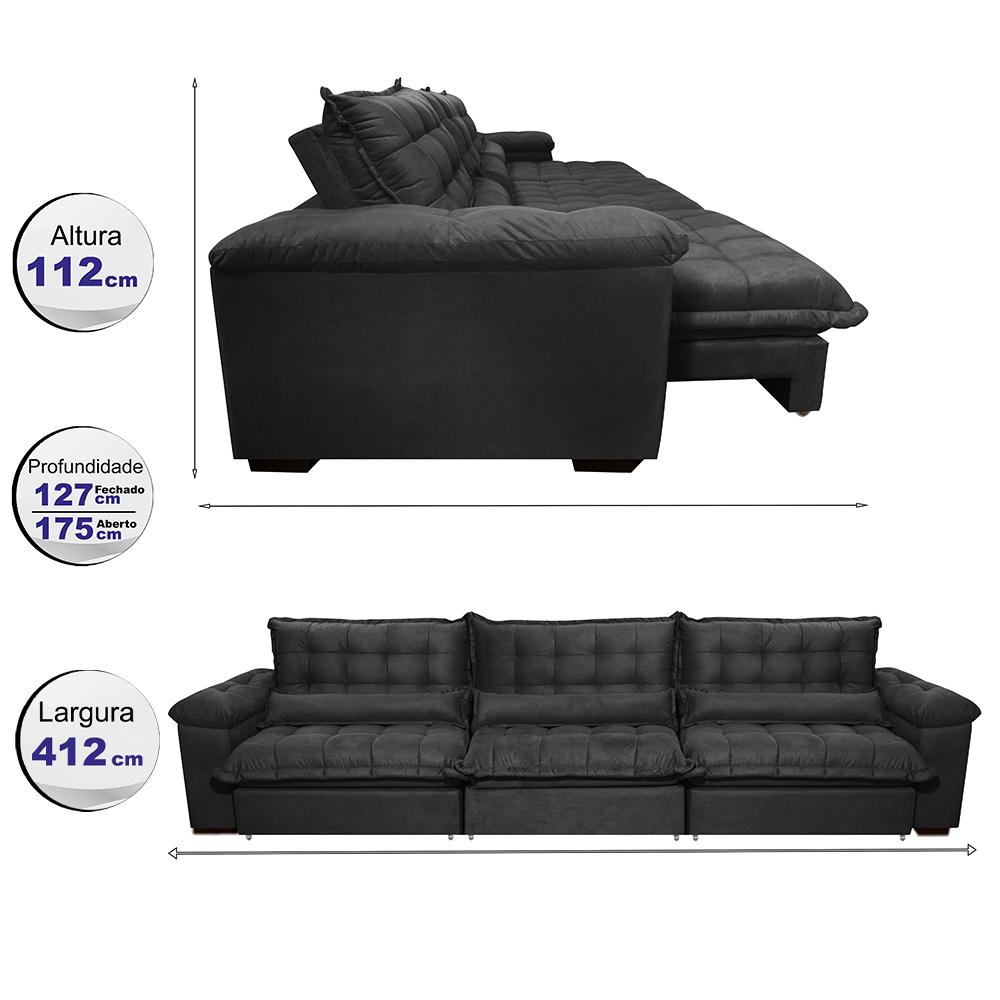 Sofá Retrátil e Reclinável 4,12m com Molas Ensacadas Cama inBox Aconchego Tecido Velusoft Preto