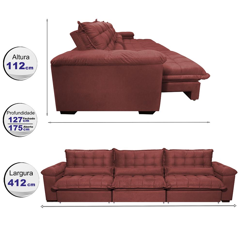 Sofá Retrátil e Reclinável 4,12m com Molas Ensacadas Cama inBox Aconchego Tecido Velusoft Vermelho