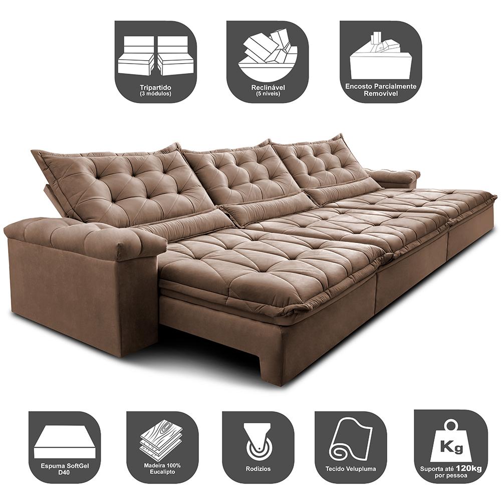 Sofá Retrátil e Reclinável 4,15m Cama inBox Big Fresh com SoftGel D40 Velupluma Castor