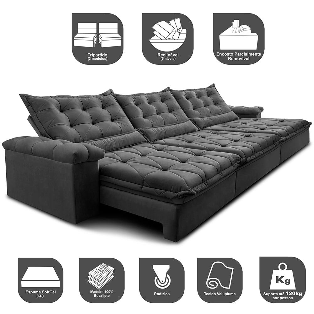 Sofá Retrátil e Reclinável 4,15m Cama inBox Big Fresh com SoftGel D40 Velupluma Cinza