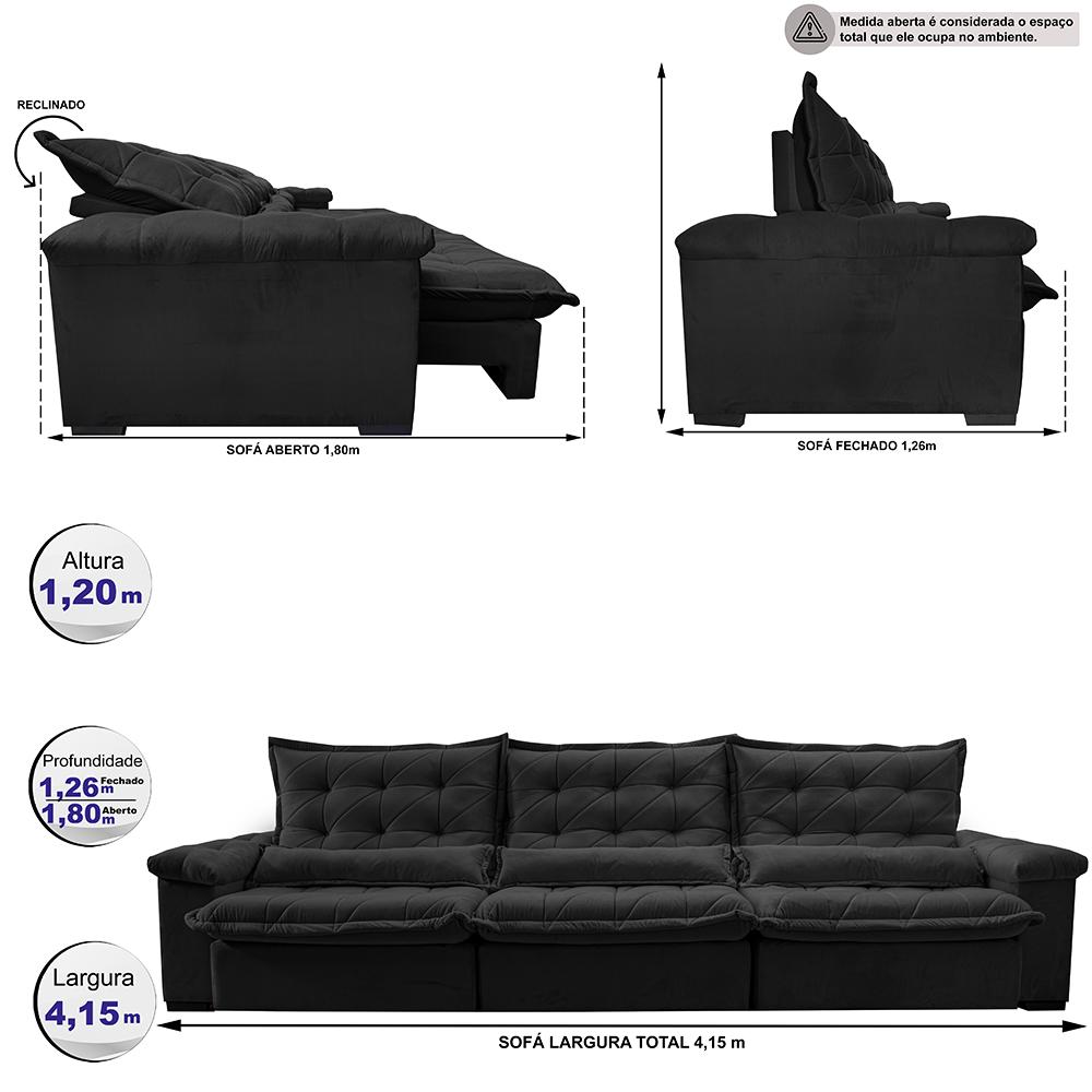 Sofá Retrátil e Reclinável 4,15m Cama inBox Big Fresh com SoftGel D40 Velupluma Preto