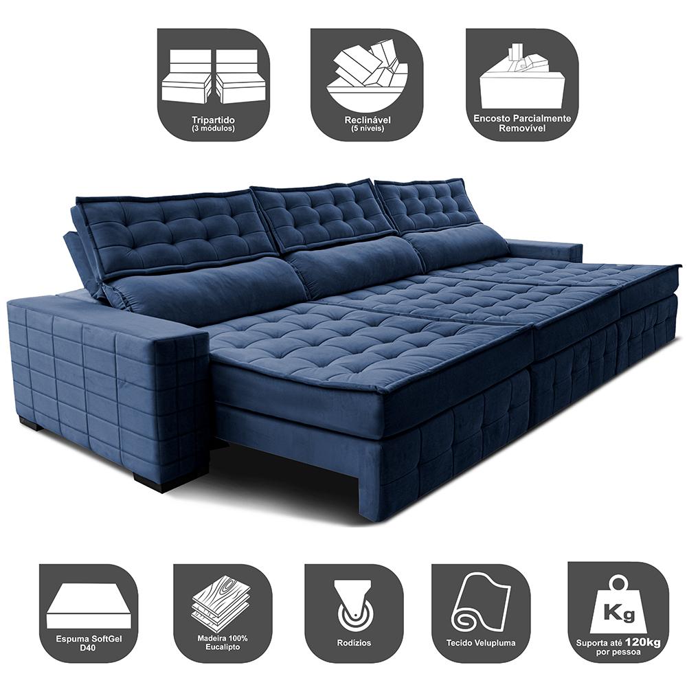 Sofá Retrátil e Reclinável 4,15m Cama inBox Big Puffer com SoftGel D40 Velupluma Azul