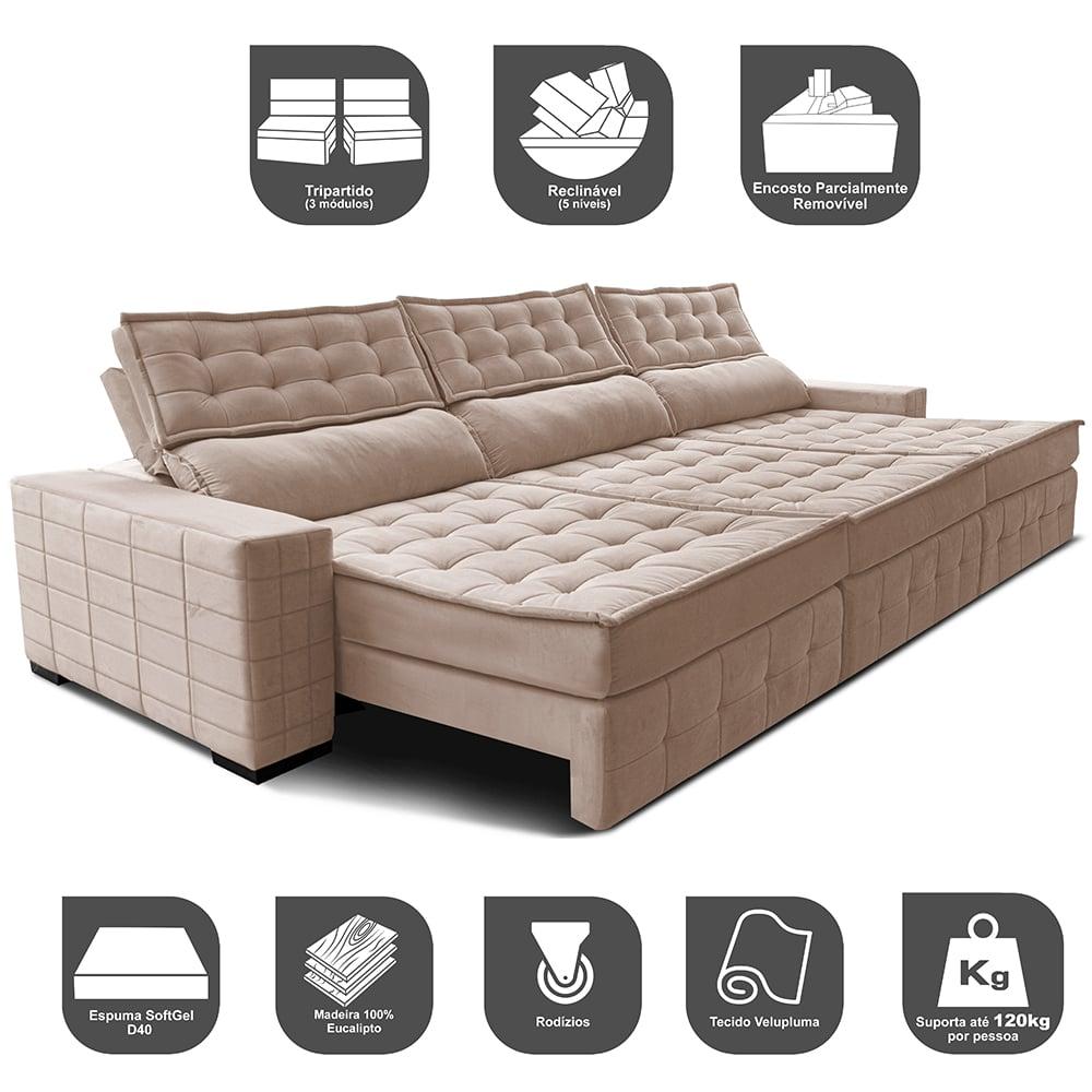 Sofá Retrátil e Reclinável 4,15m Cama inBox Big Puffer com SoftGel D40 Velupluma Bege