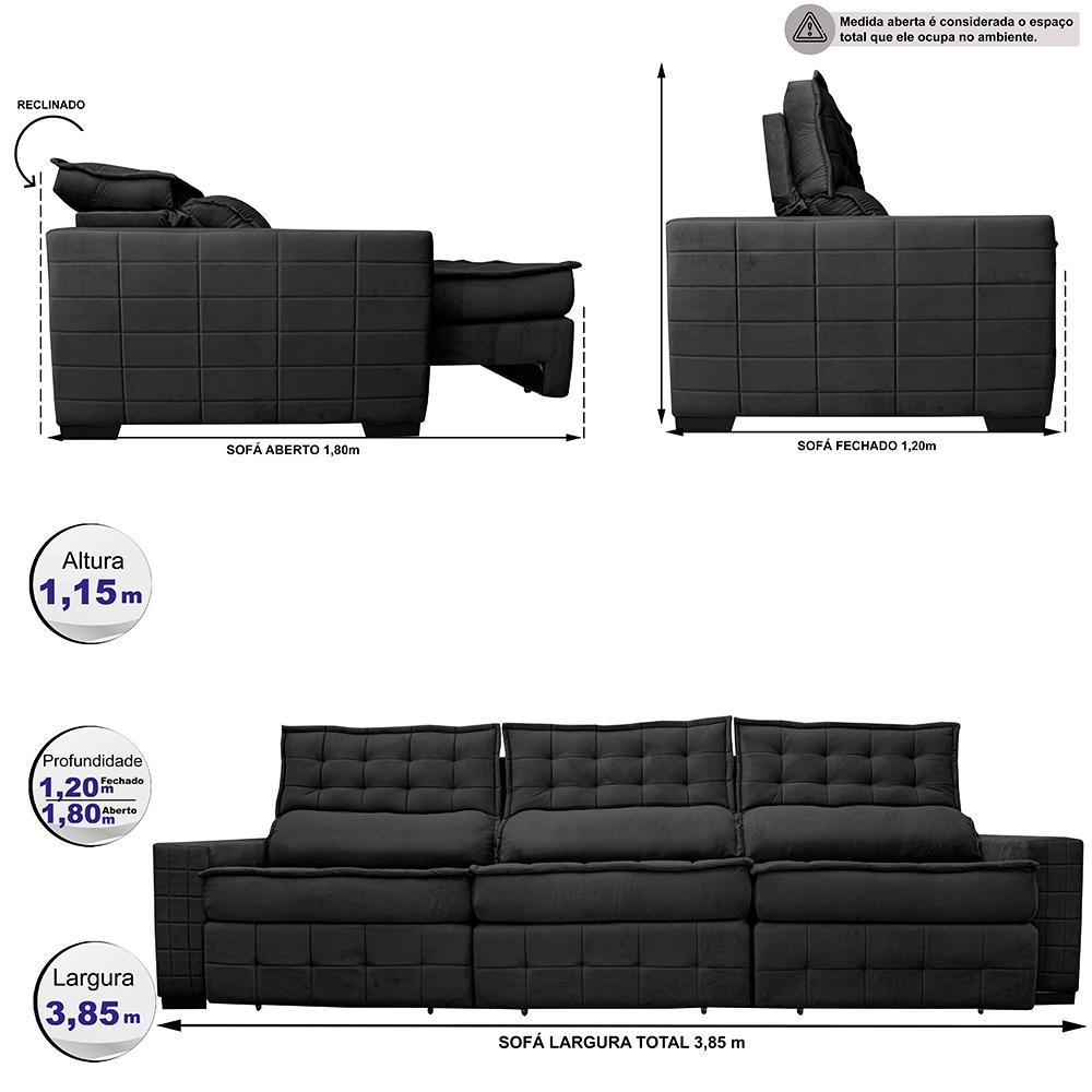 Sofá Retrátil e Reclinável 4,15m Cama inBox Big Puffer com SoftGel D40 Velupluma Preto