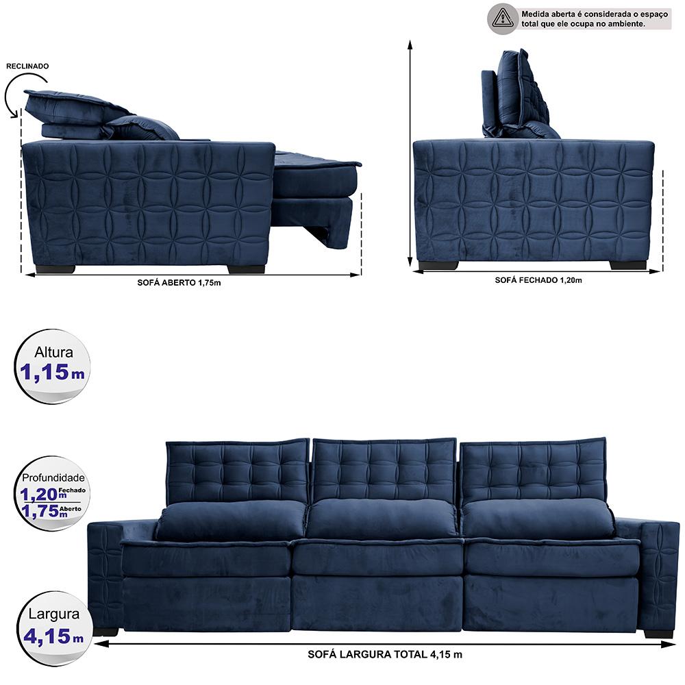 Sofá Retrátil e Reclinável 4,15m Cama inBox Big Star com SoftGel D40 Velupluma Azul