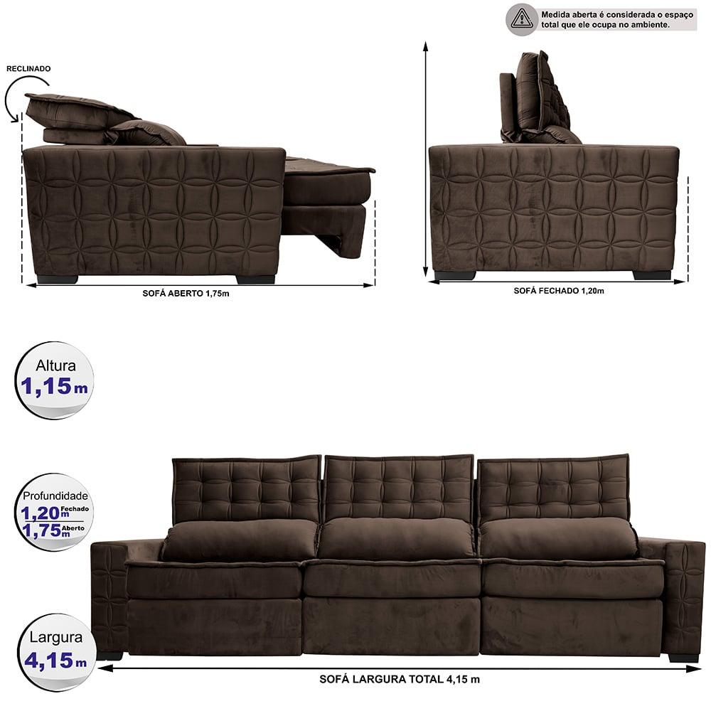Sofá Retrátil e Reclinável 4,15m Cama inBox Big Star com SoftGel D40 Velupluma Café