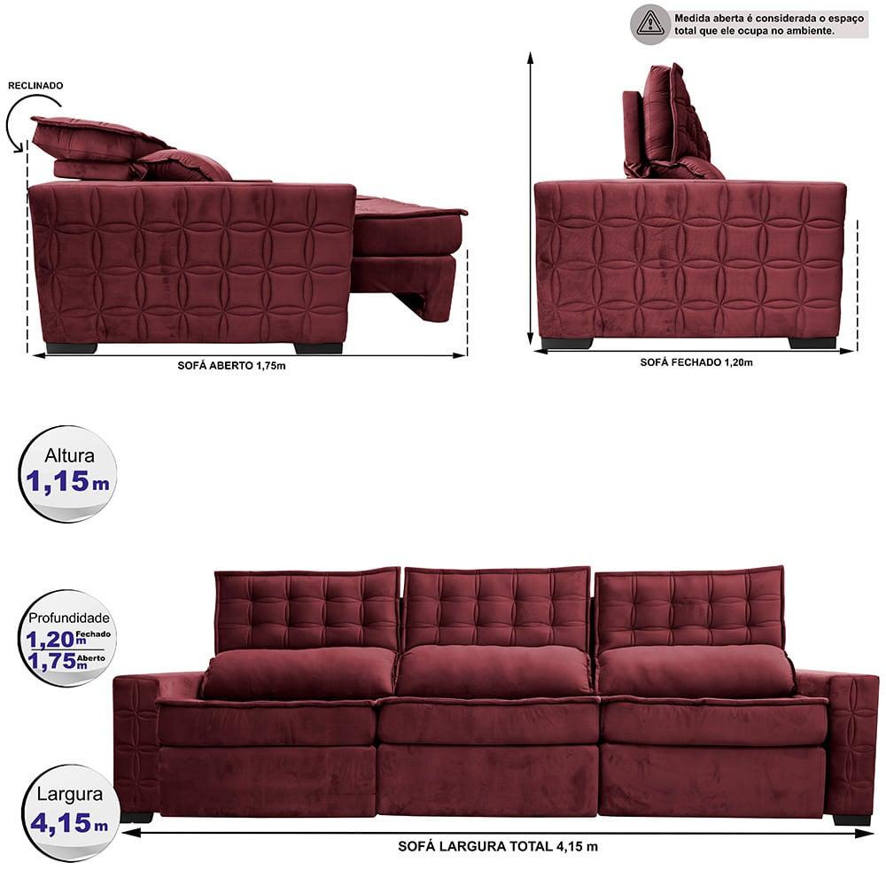 Sofá Retrátil e Reclinável 4,15m Cama inBox Big Star com SoftGel D40 Velupluma Vinho