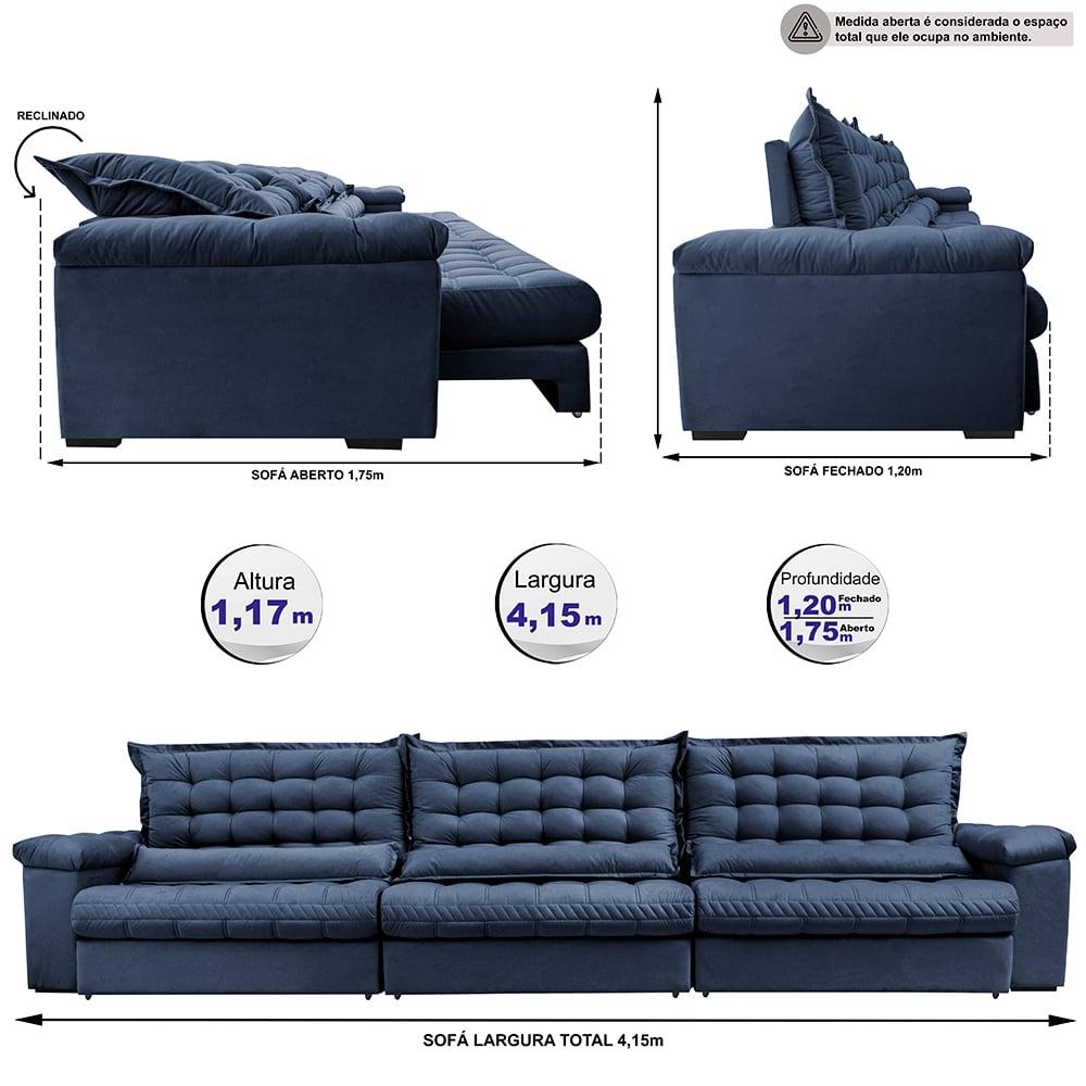 Sofá Retrátil e Reclinável 4,15m Molas Ensacadas Cama inBox Big Space com Bordado 3D Velusoft Azul