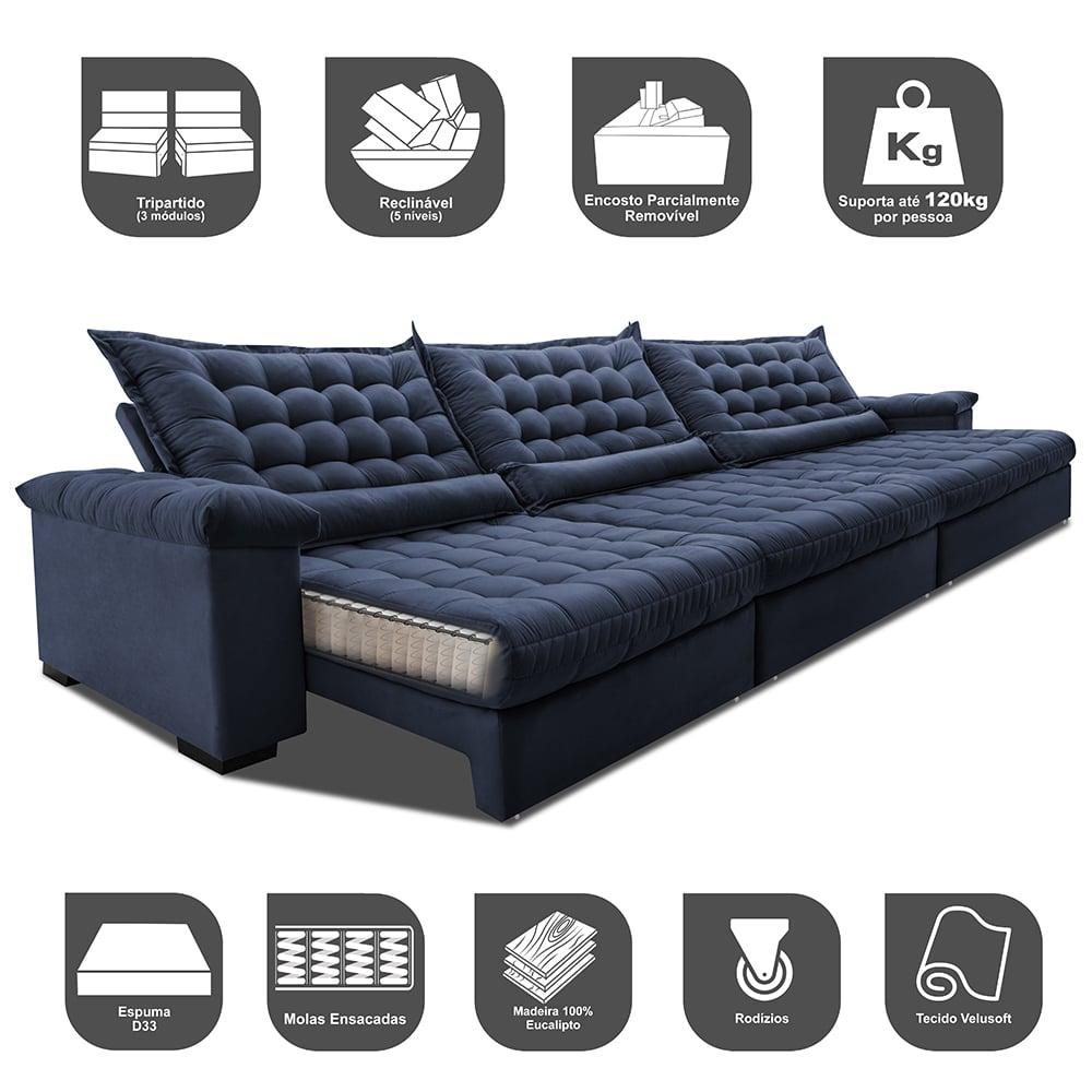 Sofá Retrátil e Reclinável 4,15m Molas Ensacadas Cama inBox Big Space com Bordado 3D Velusoft Azul