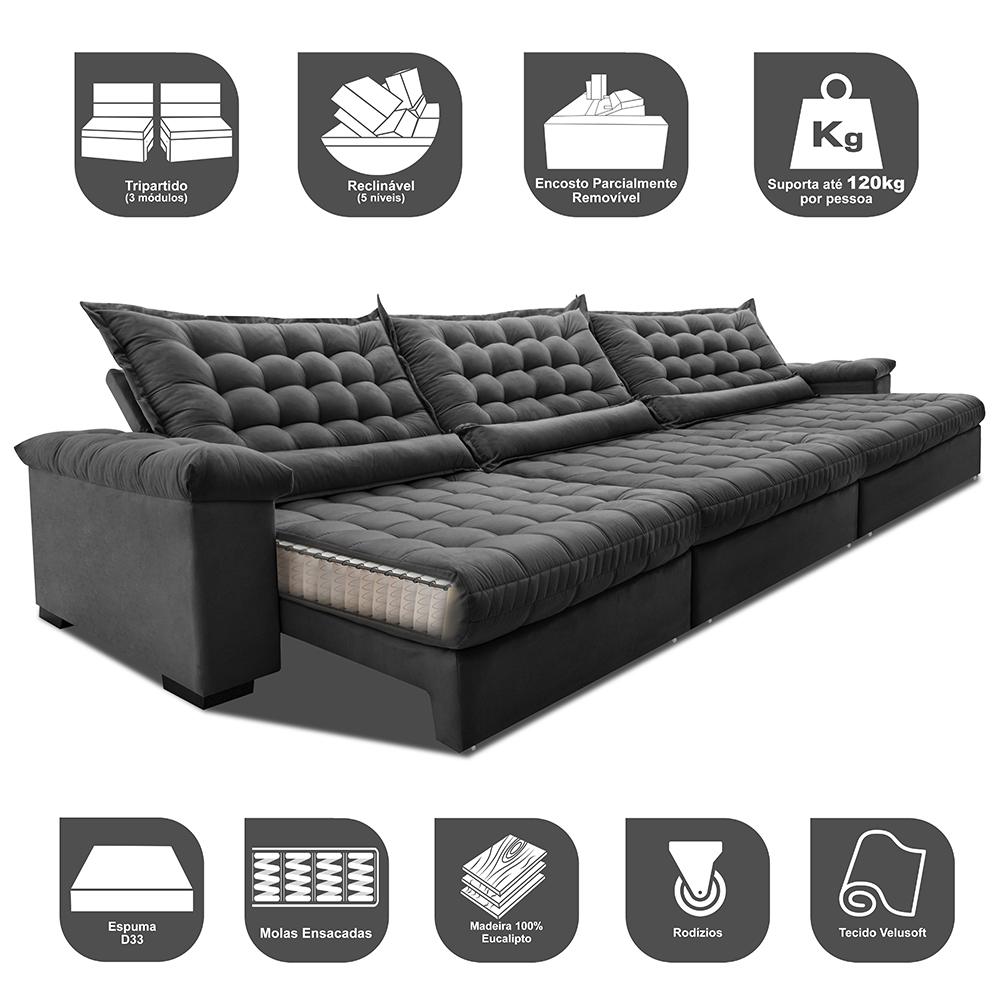 Sofá Retrátil e Reclinável 4,15m Molas Ensacadas Cama inBox Big Space com Bordado 3D Velusoft Cinza