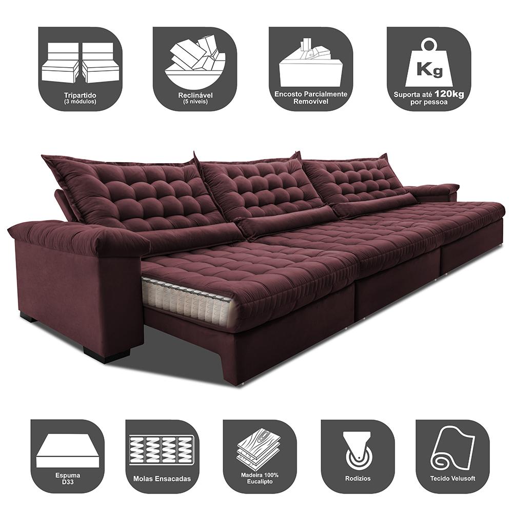 Sofá Retrátil e Reclinável 4,15m Molas Ensacadas Cama inBox Big Space com Bordado 3D Velusoft Vinho