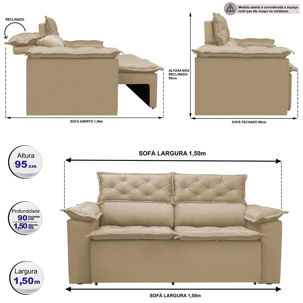 Sofá Retrátil e Reclinável Cama inBox Compact 1,50m Tecido Suede Velusoft Bege