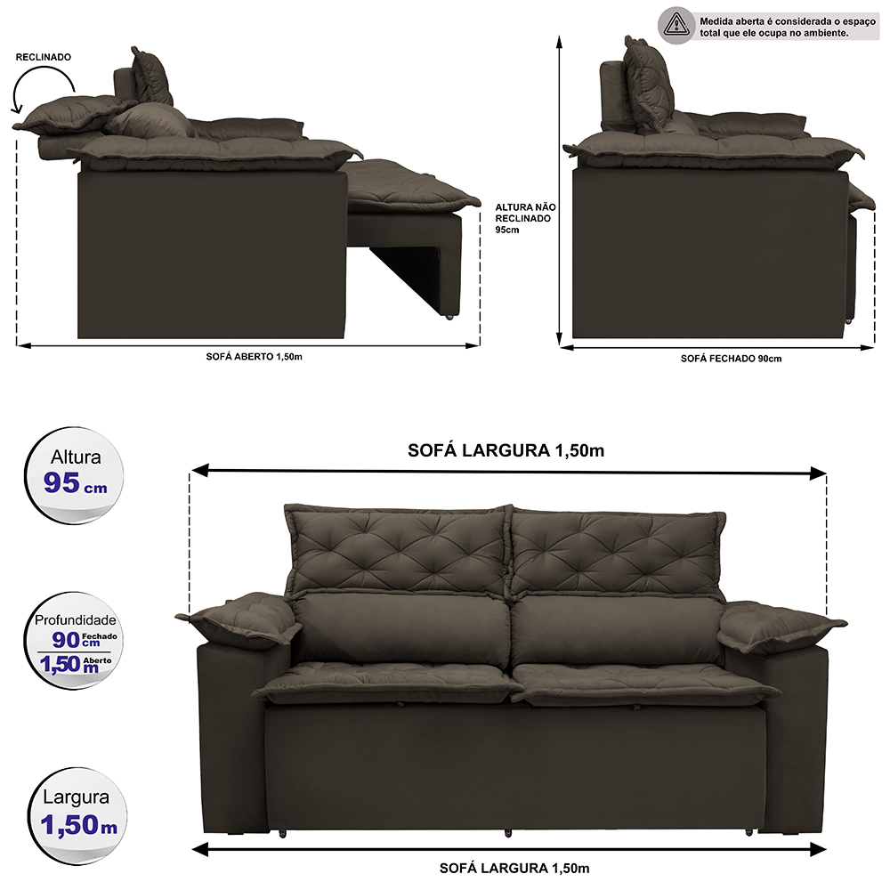 Sofá Retrátil e Reclinável Cama inBox Compact 1,50m Tecido Suede Velusoft Café