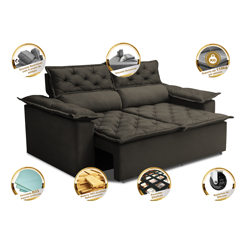 Sofá Retrátil e Reclinável Cama inBox Compact 1,50m Tecido Suede Velusoft Café