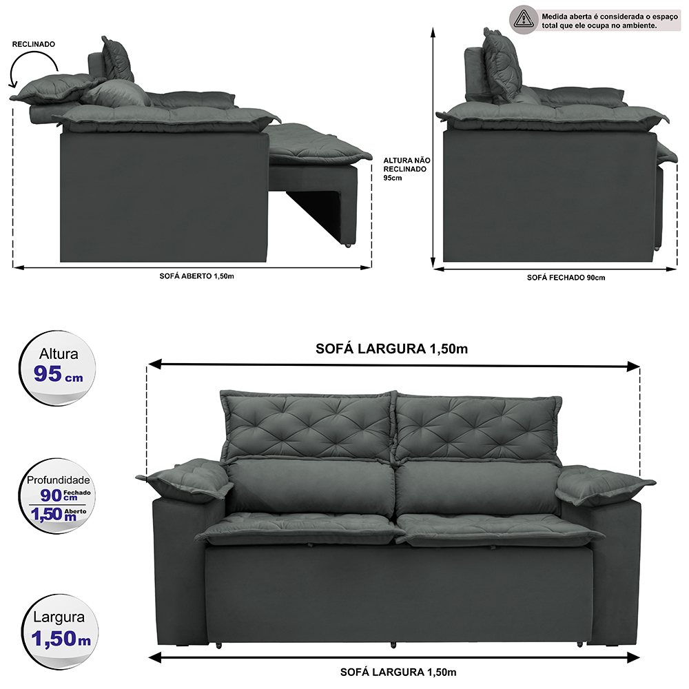 Sofá Retrátil e Reclinável Cama inBox Compact 1,50m Tecido Suede Velusoft Cinza