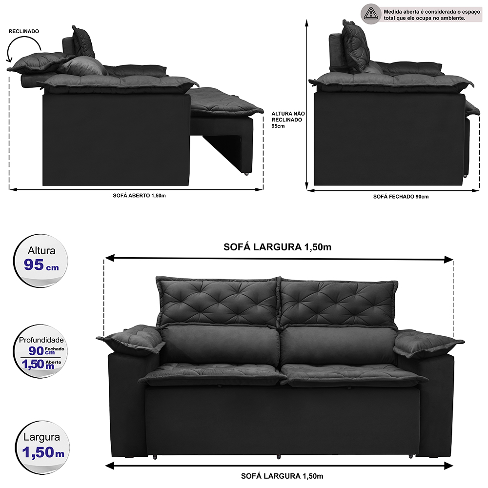 Sofá Retrátil e Reclinável Cama inBox Compact 1,50m Tecido Suede Velusoft Preto