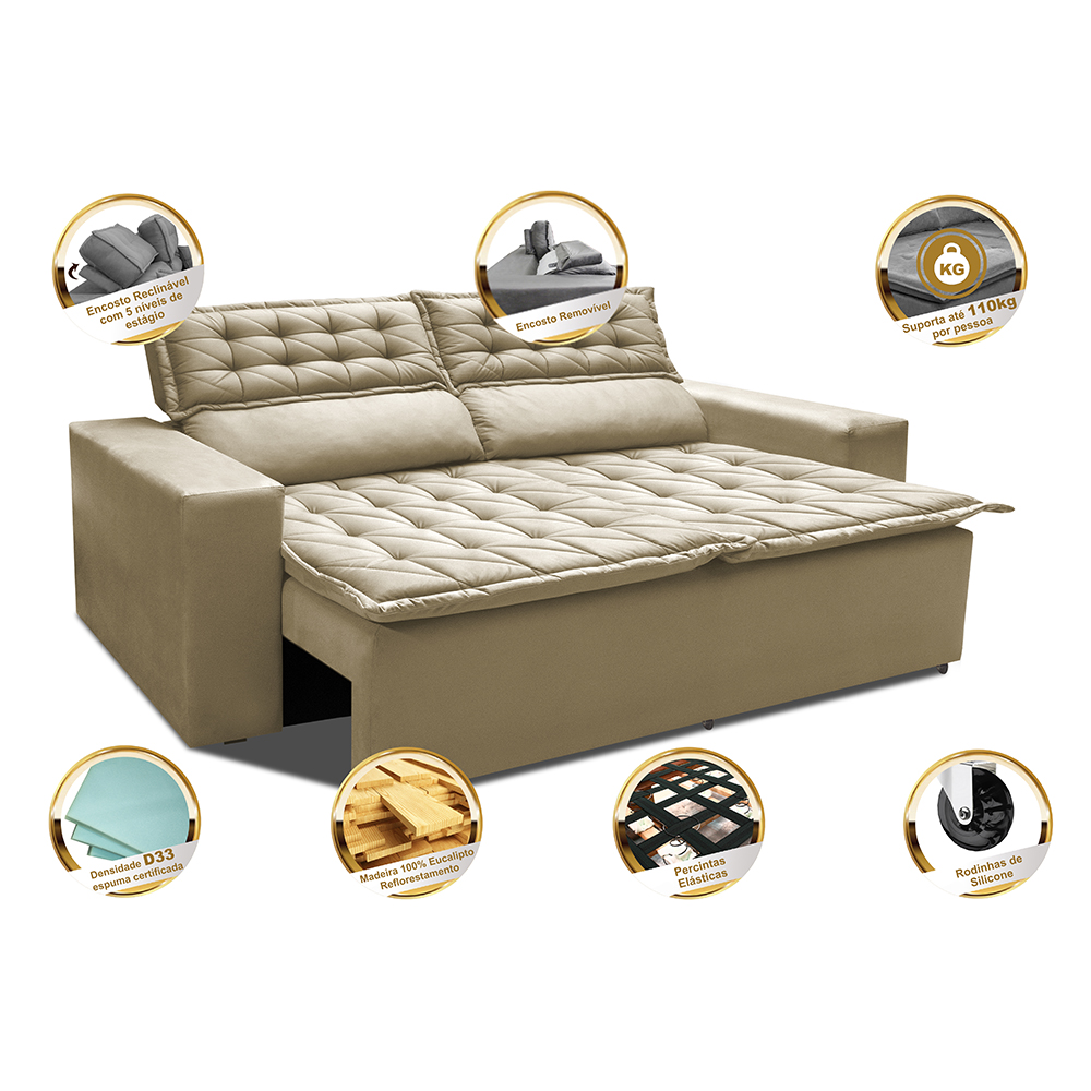 Sofá Retrátil e Reclinável Cama inBox Slim 1,50m Tecido Suede Velusoft Bege