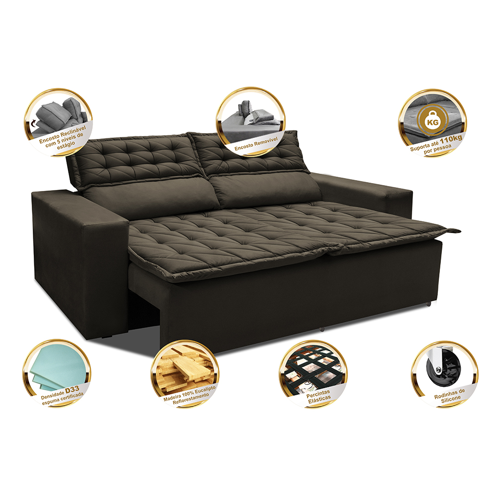 Sofá Retrátil e Reclinável Cama inBox Slim 1,50m Tecido Suede Velusoft Café