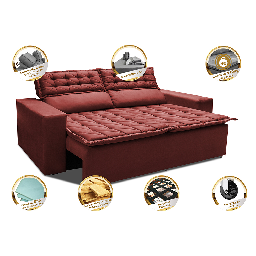 Sofá Retrátil e Reclinável Cama inBox Slim 1,50m Tecido Suede Velusoft Vermelho