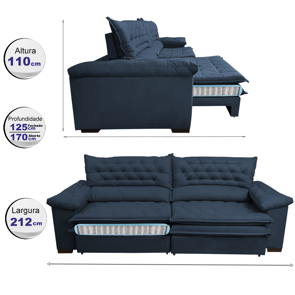 Sofá Retrátil e Reclinável Molas Ensacadas Cama inBox Botonê 2,12m Espuma Viscoelástico Suede Azul