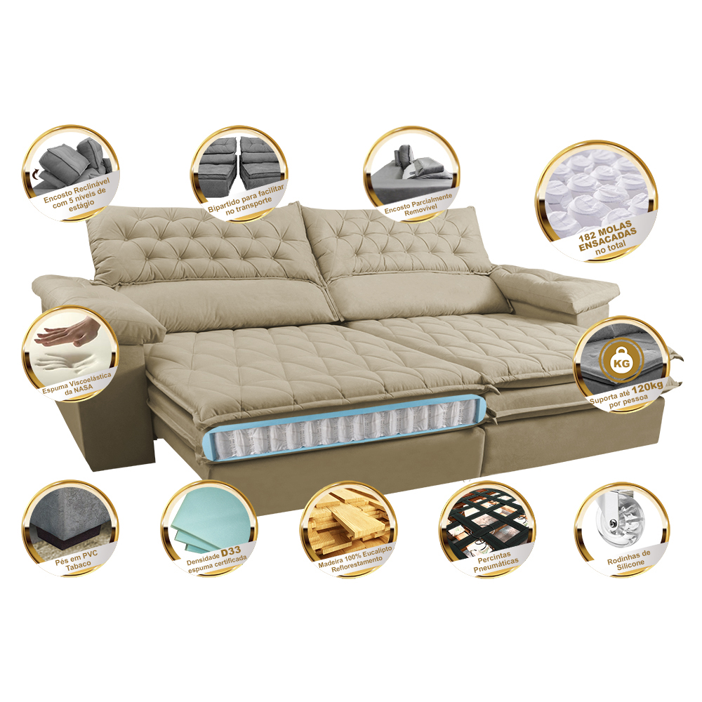 Sofá Retrátil e Reclinável Molas Ensacadas Cama inBox Botonê 2,12m Espuma Viscoelástico Suede Bege
