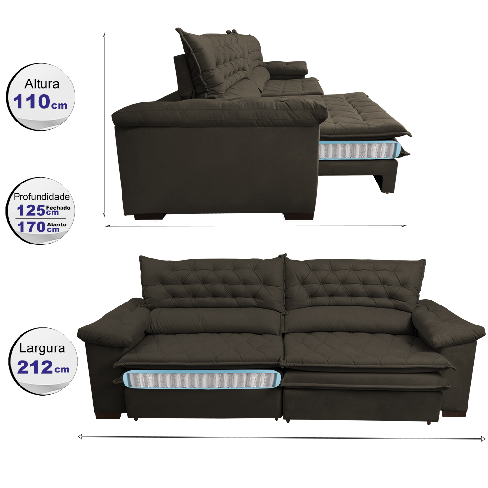Sofá Retrátil e Reclinável Molas Ensacadas Cama inBox Botonê 2,12m Espuma Viscoelástico Suede Café