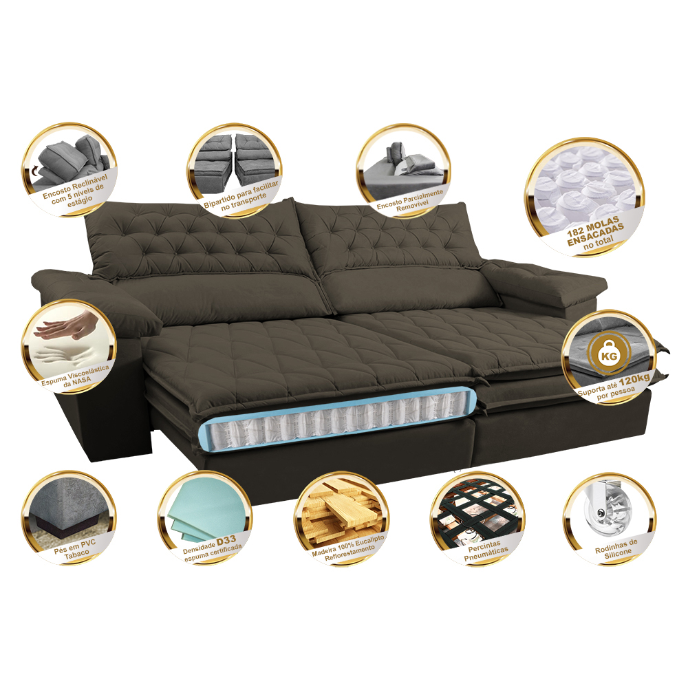 Sofá Retrátil e Reclinável Molas Ensacadas Cama inBox Botonê 2,12m Espuma Viscoelástico Suede Café