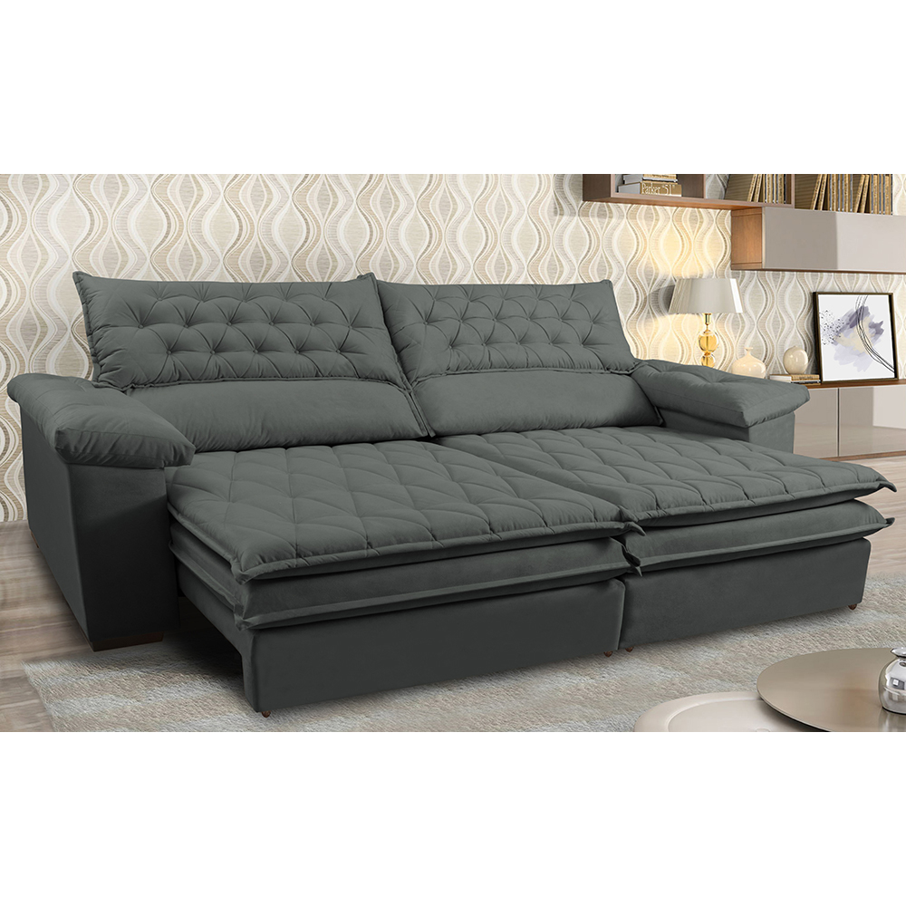 Sofá Retrátil e Reclinável Molas Ensacadas Cama inBox Botonê 2,32m Espuma Viscoelástico Suede Cinza