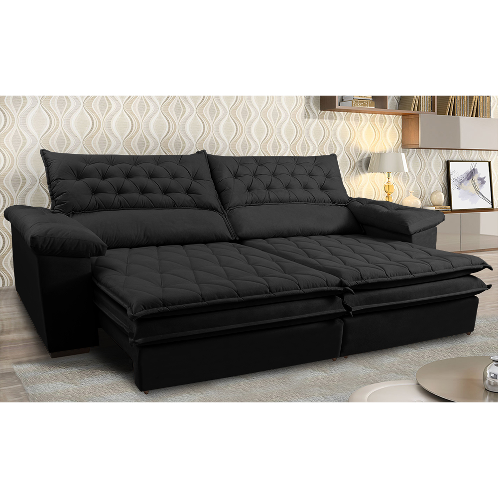 Sofá Retrátil e Reclinável Molas Ensacadas Cama inBox Botonê 2,32m Espuma Viscoelástico Suede Preto