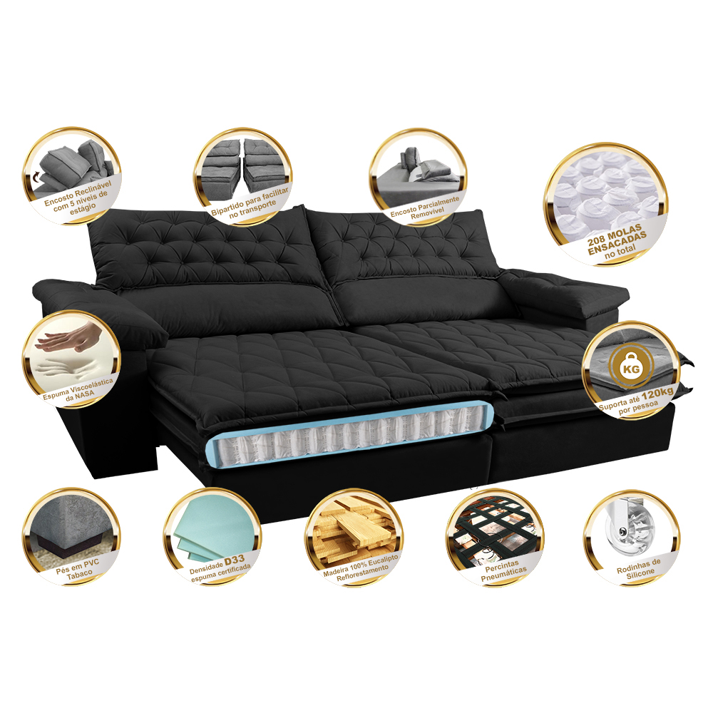 Sofá Retrátil e Reclinável Molas Ensacadas Cama inBox Botonê 2,32m Espuma Viscoelástico Suede Preto